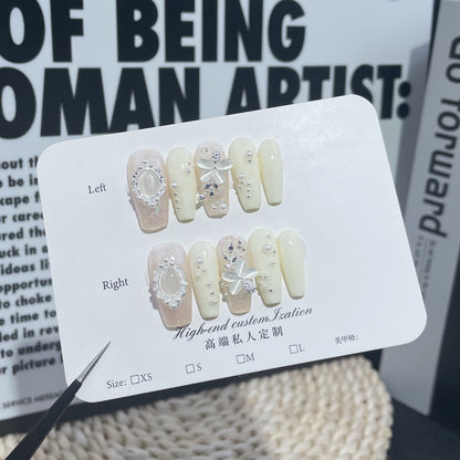 Unhas postiças artesanais, flor de opala perolada, médias e longas, adesivo de unha leve e luxuoso premium ｜ 365nails