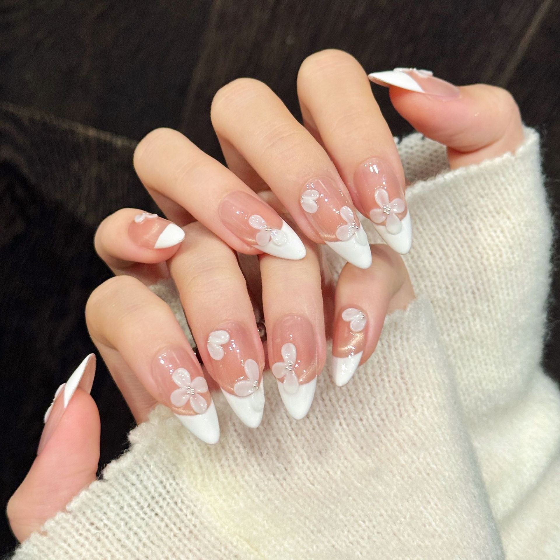 Soft Floral White Tip Press On Nail Set