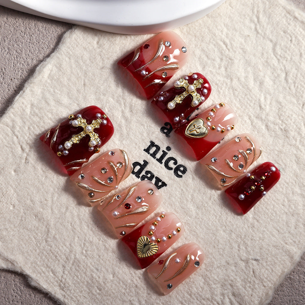 Red Nude Cross Heart Baroque Press On Nails