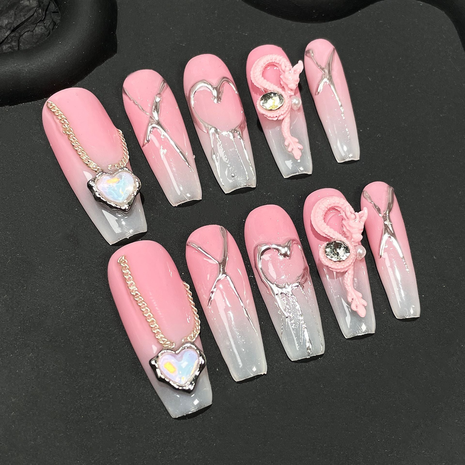 Sweet-Cool Pink Nails with Metallic Dragon and Crystal Heart
