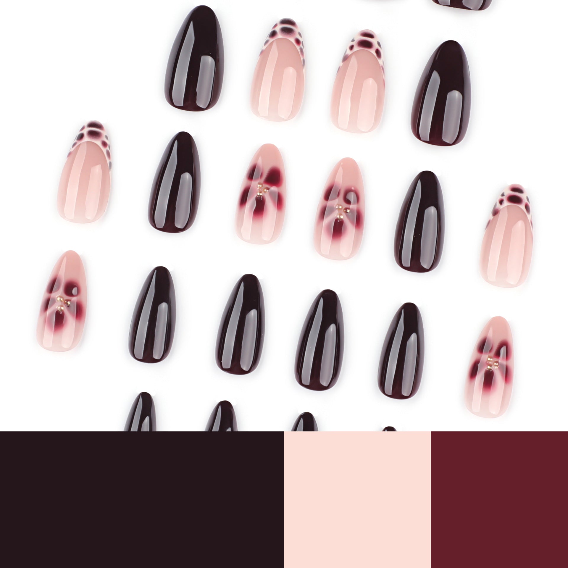 Wine Red Floral Accent Nails with Chic Mixed Design