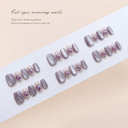 Pontas de unha pré-fabricadas, linhas de blush roxo, flash fino de borboleta, olho de gato, peças de arte de unha de diamante pneumático ｜ 365nails
