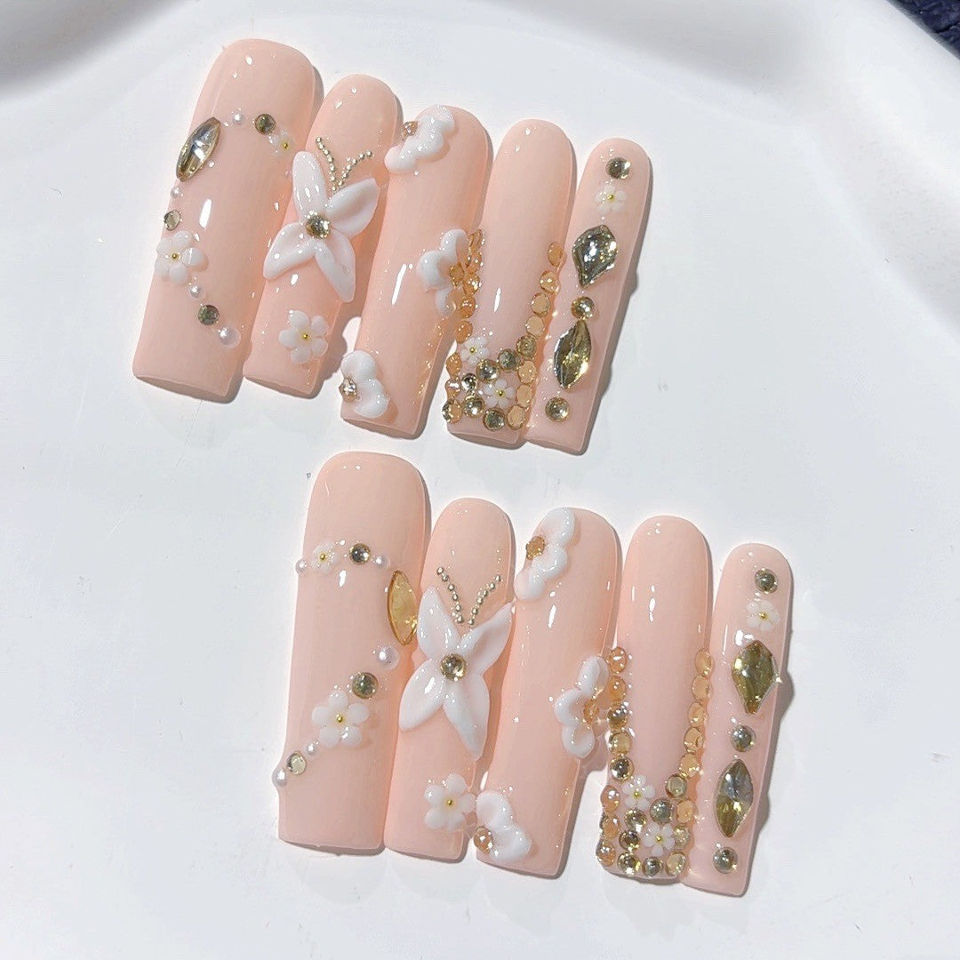 Peach Blossom Pearl Crystal Press On Nail Set