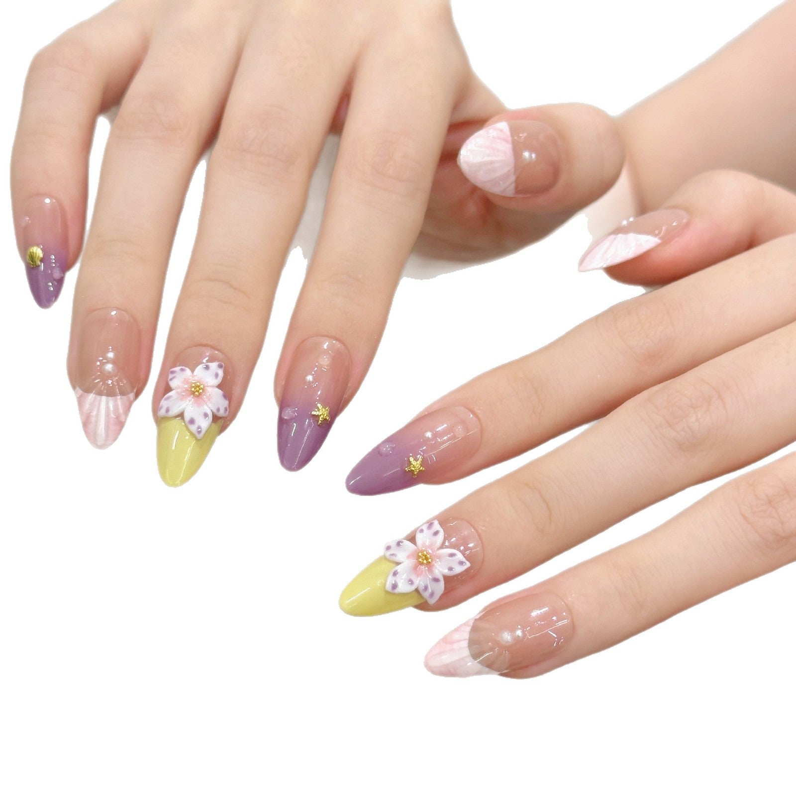Pastel Gradient Floral Nails with Delicate 3D Accents