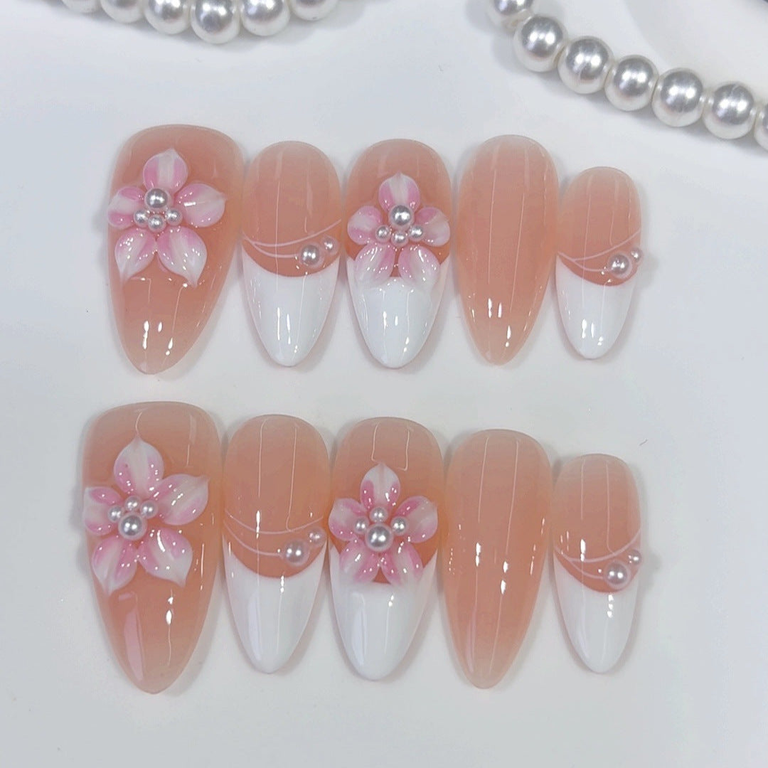 Sakura Pearl French: "Pink Floral" – Almond Press-On Nails