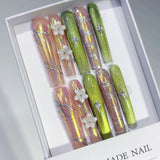Neon Green Holographic Floral Statement Press On Nails