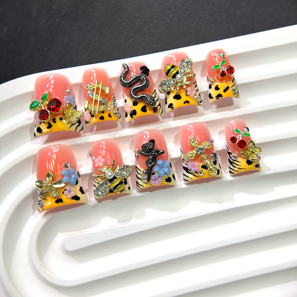 Pink Leopard Nails with Cherry Bee and Gold Charm Accents