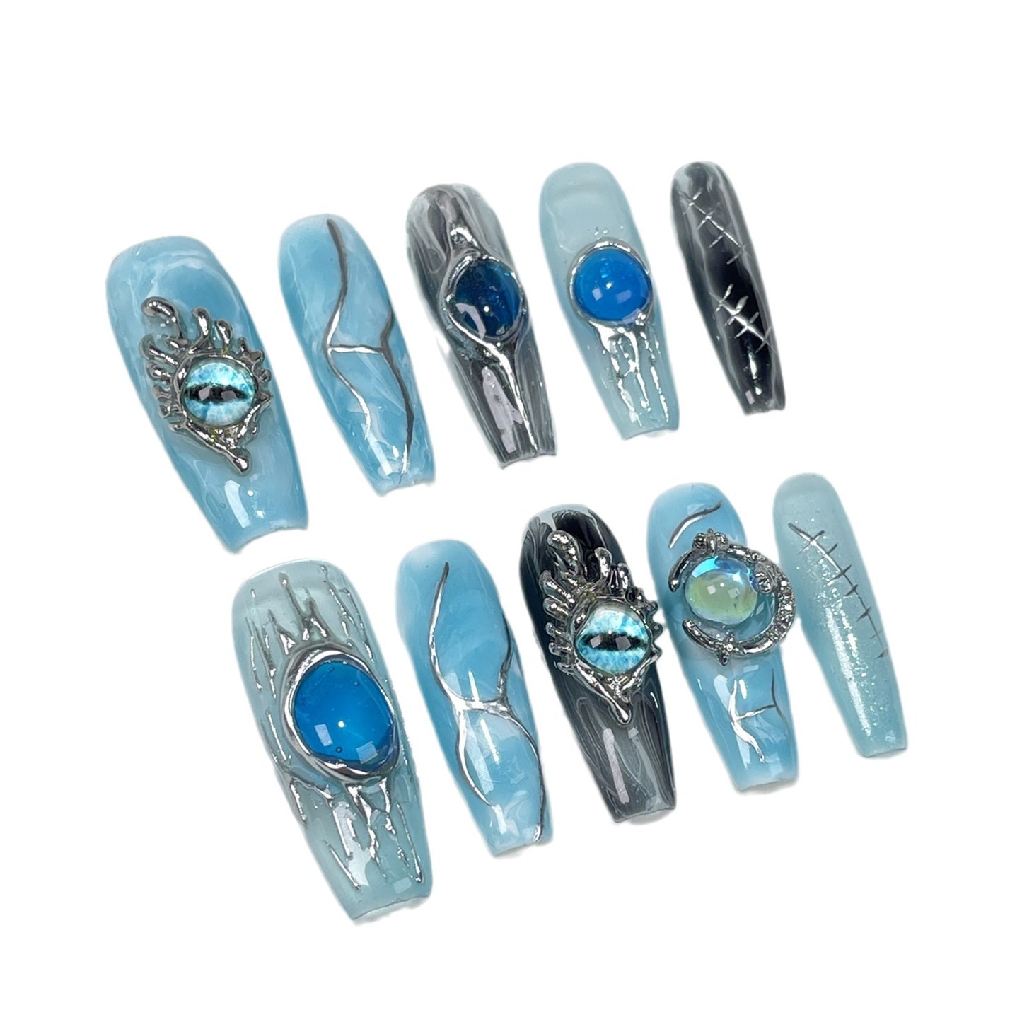 Handmade press-on nails blue liquid metal dark wind Spice Girl relief long nail art finished patch wholesale｜365nails