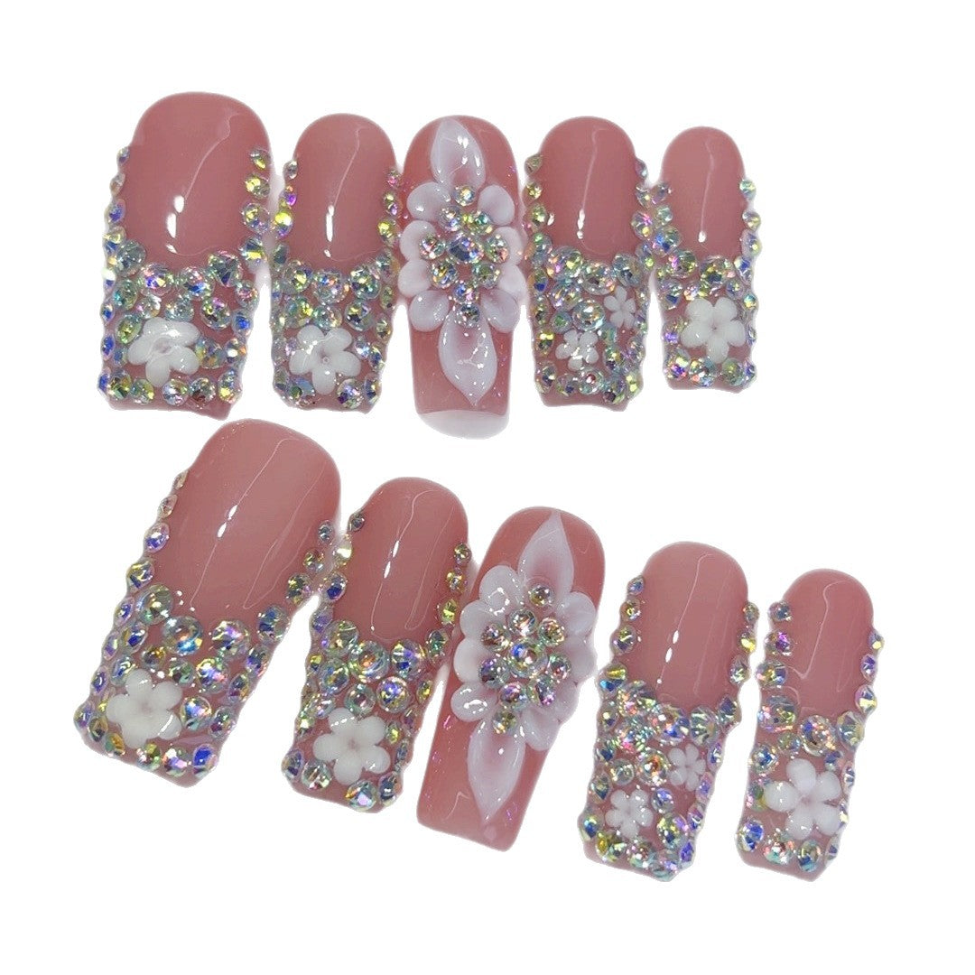 Luxe floral cristal : "Strass & Fleur" – Ongles press-on forme carrée