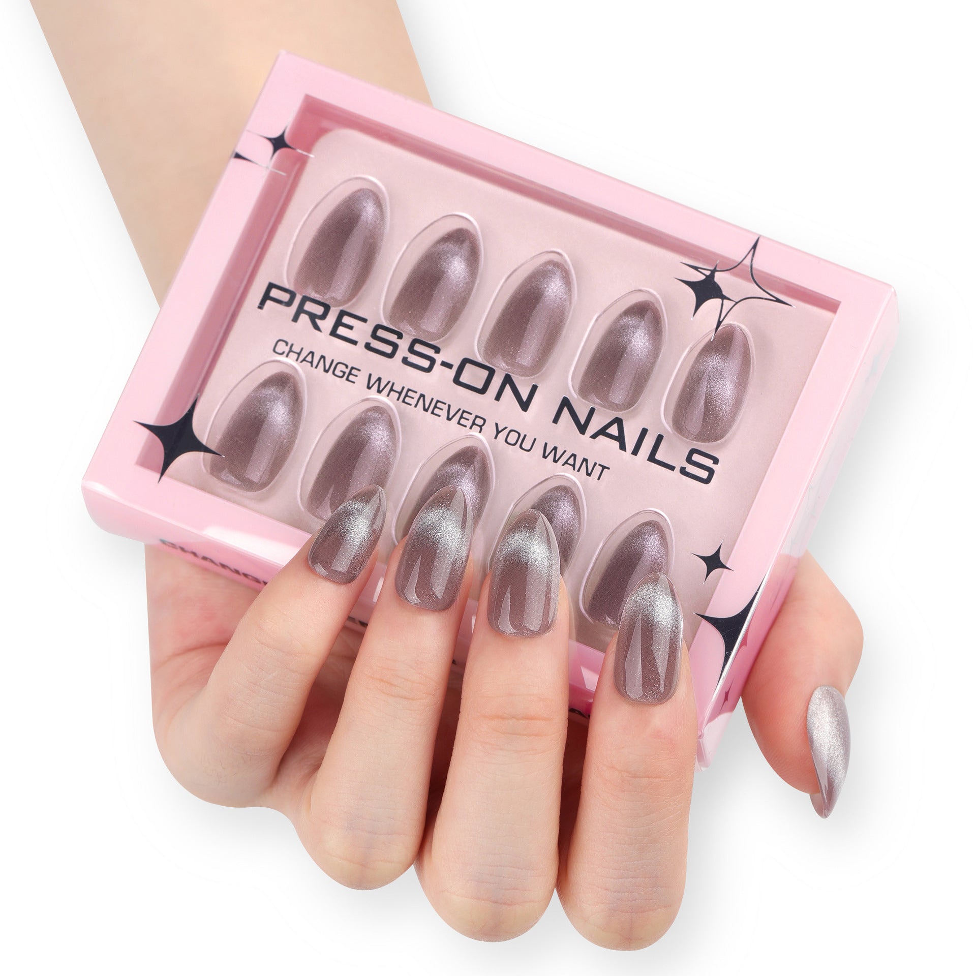 Unhas postiças de gatinho francesas simples unhas postiças transparentes cinzas em formato de amêndoa tipo avançado atacado