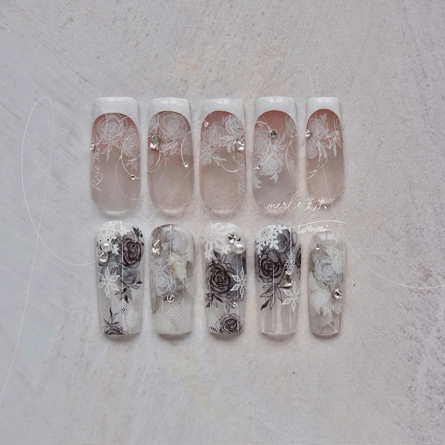 Monochrome Rose Sereno Collection: "Elegant Noir" – 3D Embossed Nail Sticker