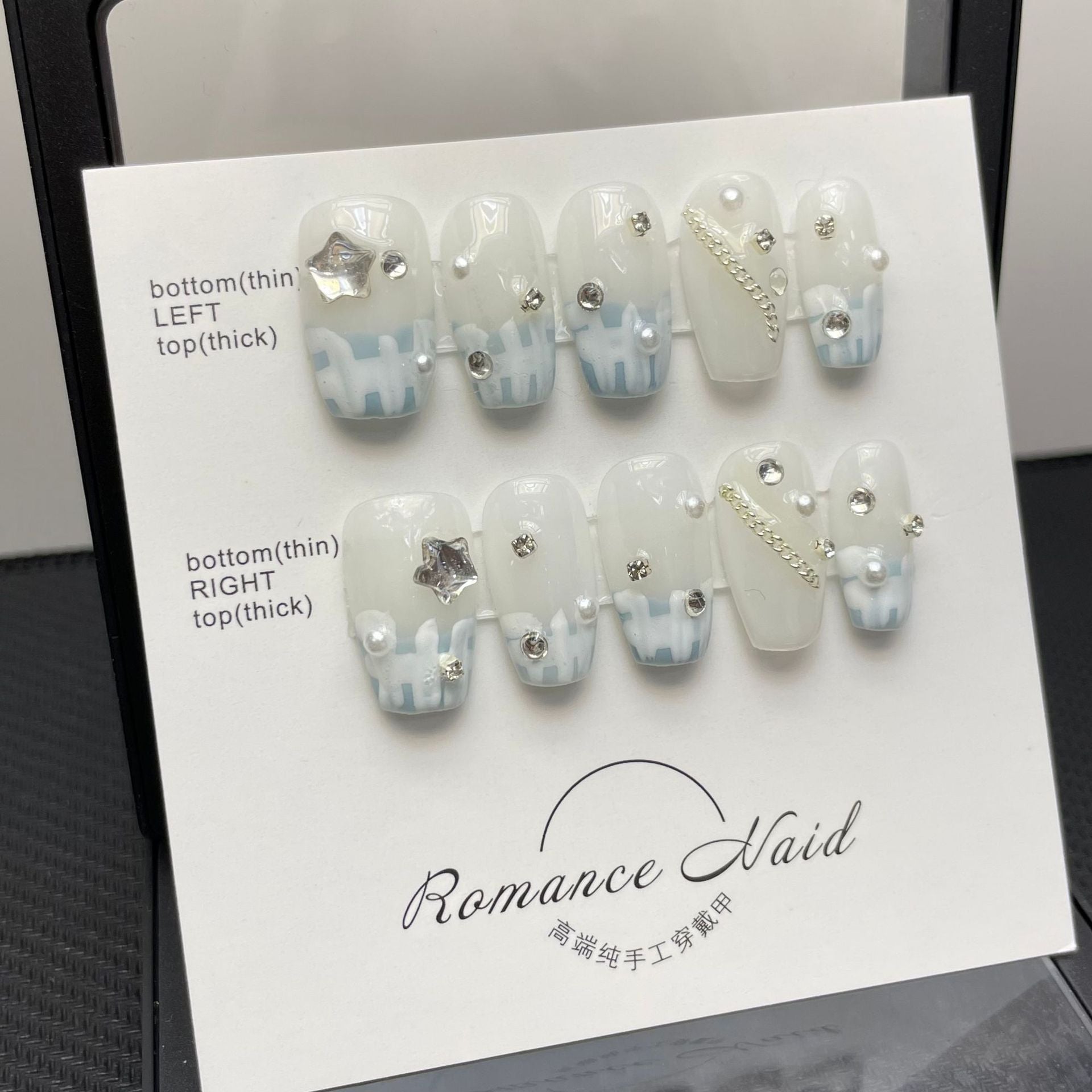 365nails: "藍色法式幻想" – 3D 星星與珍珠 手工製方形甲片