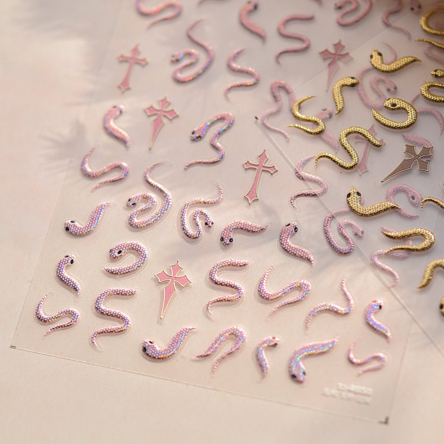 Holographic Snake & Cross: "Laser Pink Snake & Cross" – 5D Embossed Nail Sticker