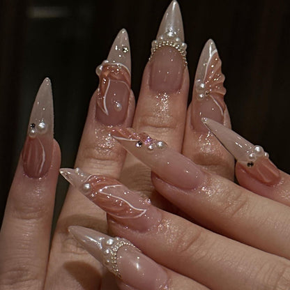hot-selling fishtail wearable manicure short 3D fake nail pearl flash diamond wearable nail piece finished product wholesale｜365nails