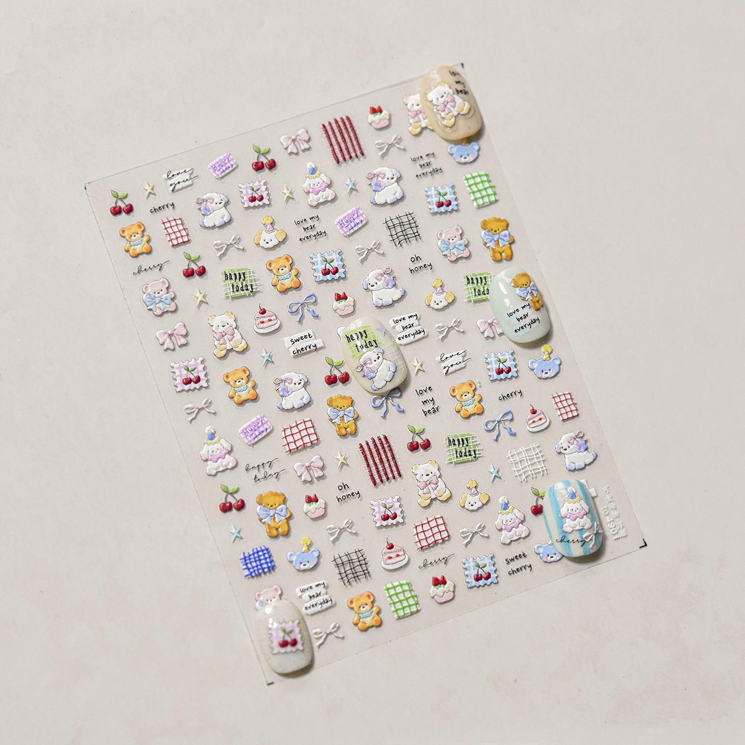 Embossed Teddy Bear & Bunny Nail Stickers – Sweet Cherry Gingham Set