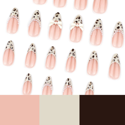 Almond French Leopard Print Short Pearl Bow press-on nails