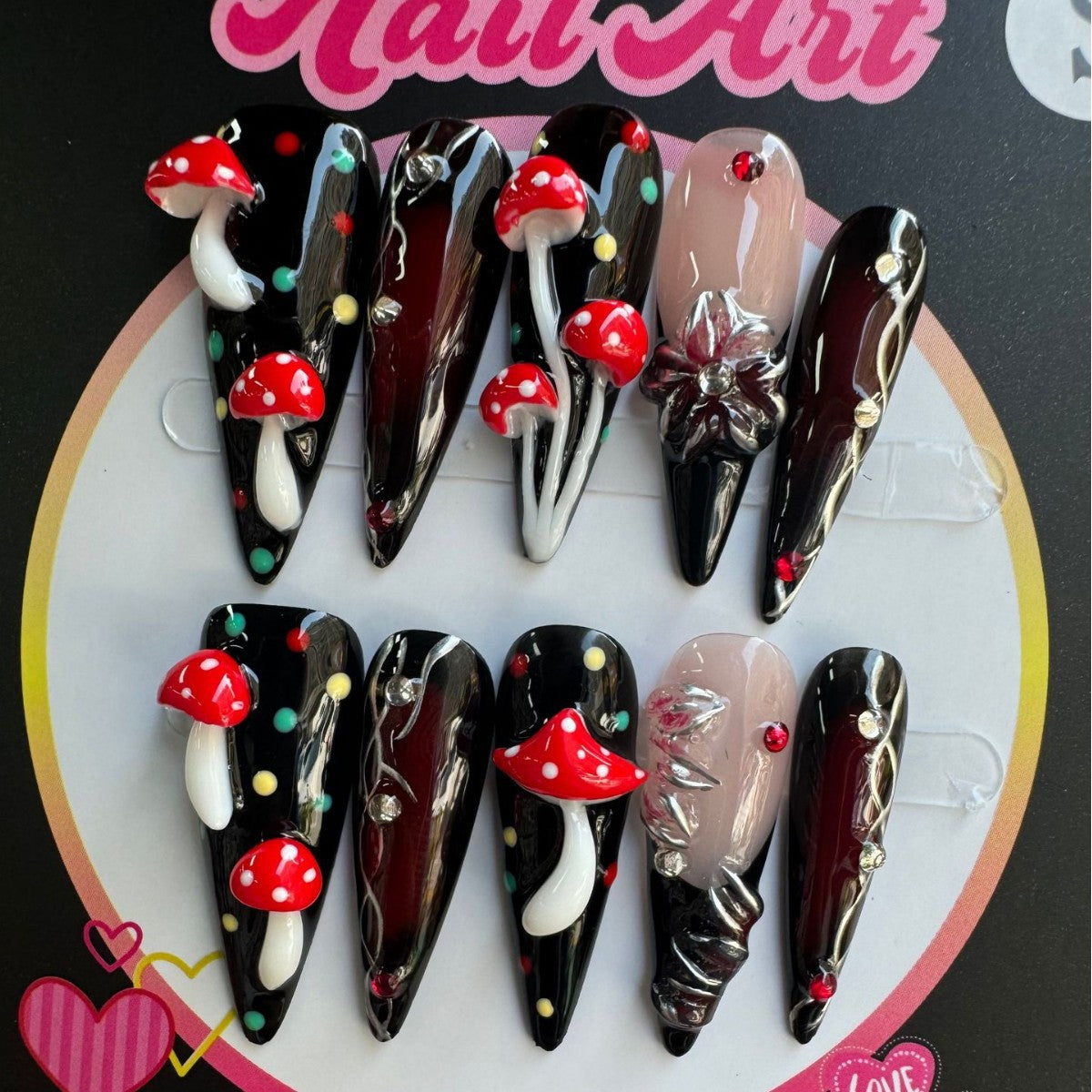 365nails: "마법의 숲" – 3D 버섯 & 레이스 수제 롱 스틸레토형 네일