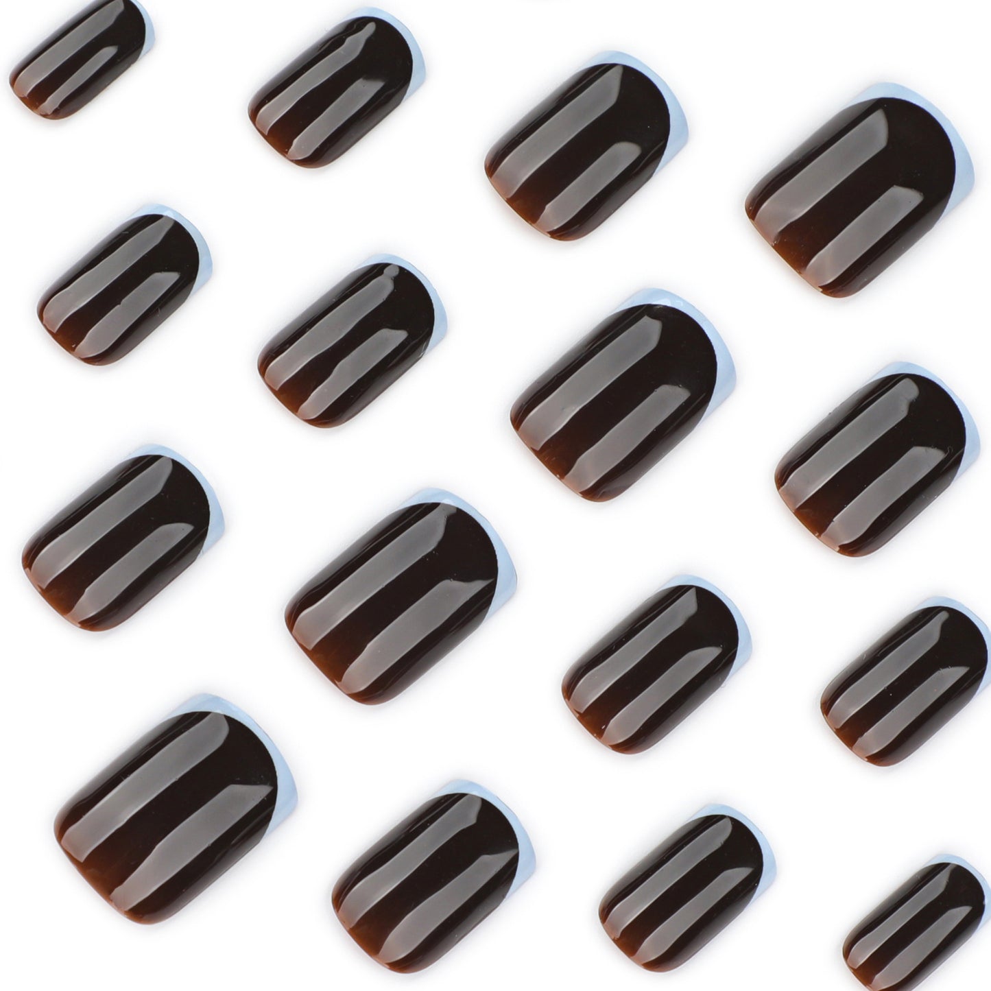 Brown Glossy Nails with Soft Blue French Tips