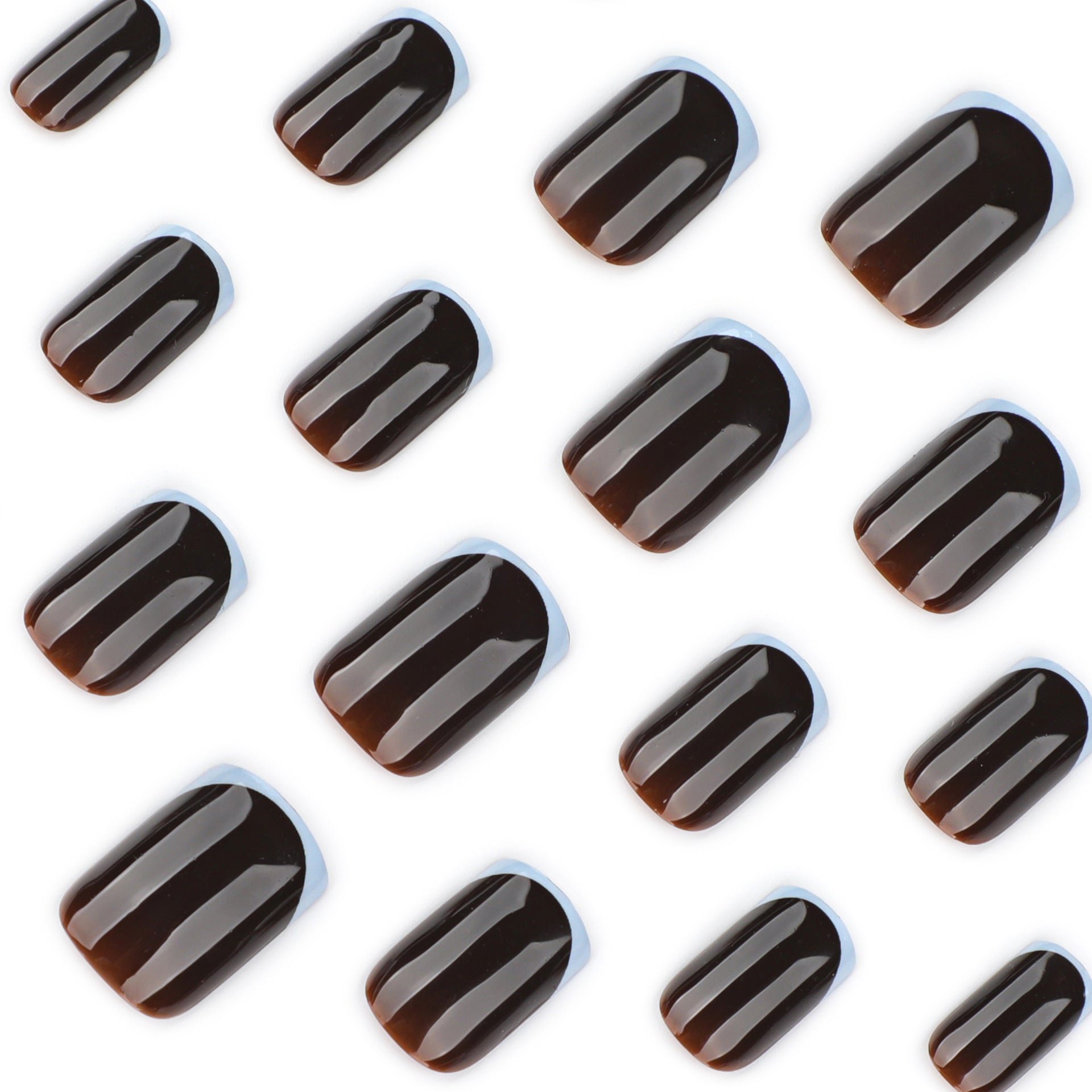 Brown Glossy Nails with Soft Blue French Tips