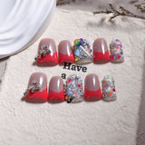 Red Gradient Nails with Star and Multicolor Crystal Accents