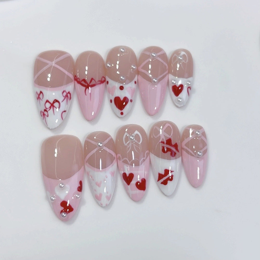Coquette Romance: "Pink Bow Heart" – Almond Shape Handmade Press-Ons