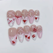 Coquette Romance: "Pink Bow Heart" – Almond Shape Handmade Press-Ons