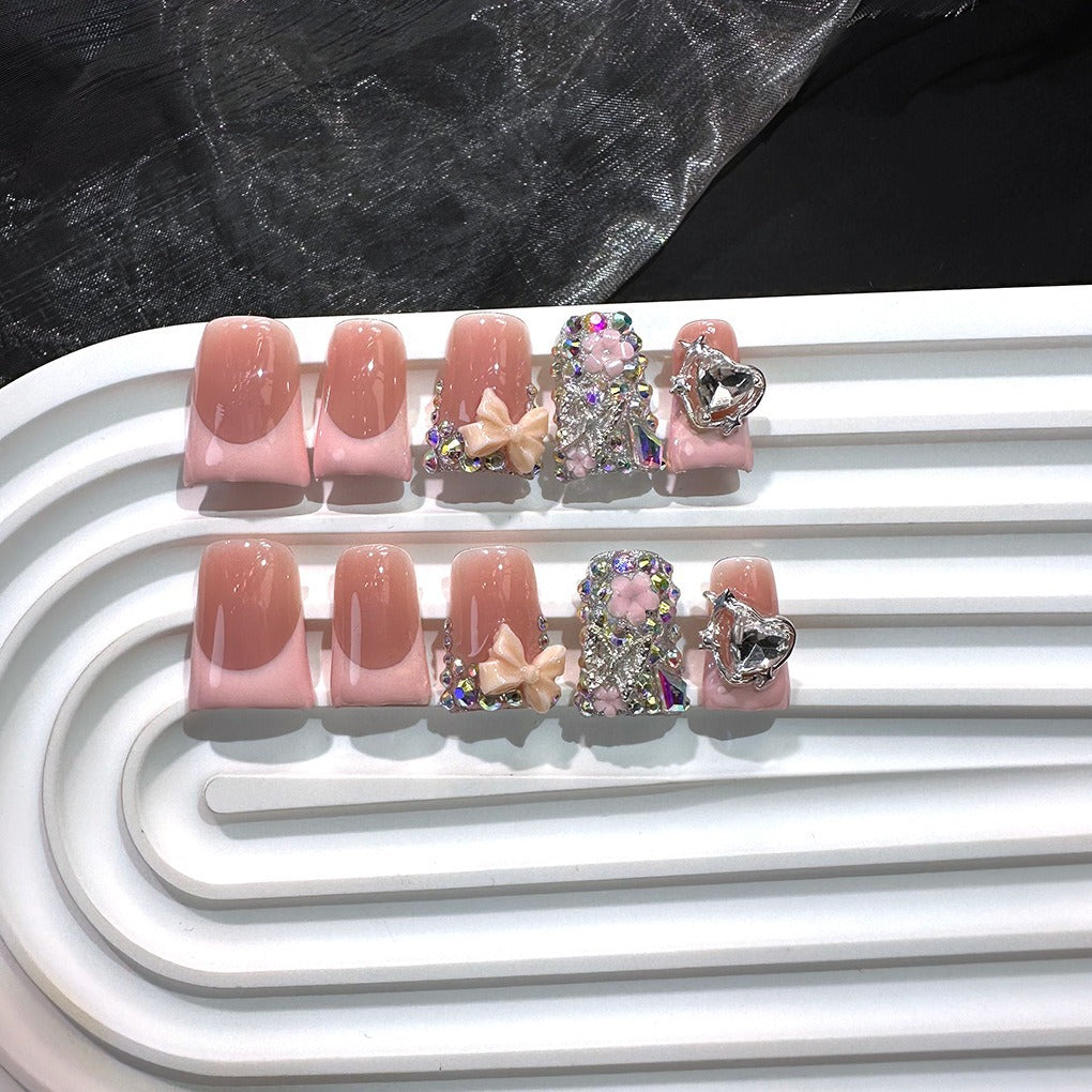 Blush Y2K Crystal Bow Press On Nails