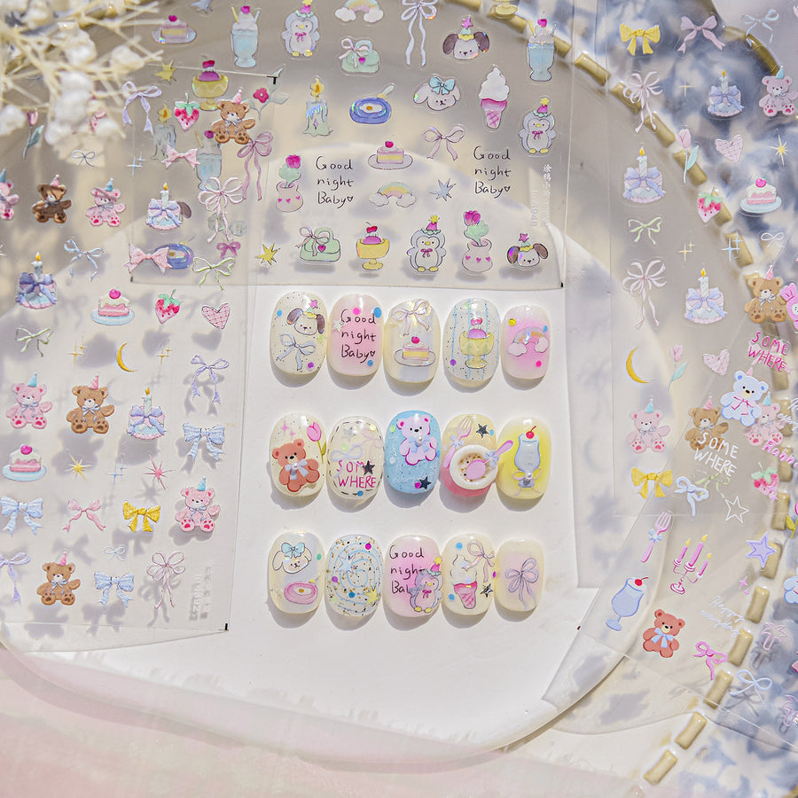 Sweet Party Teddy Collection: "Dreamy Party" – 3D Embossed Nail Sticker