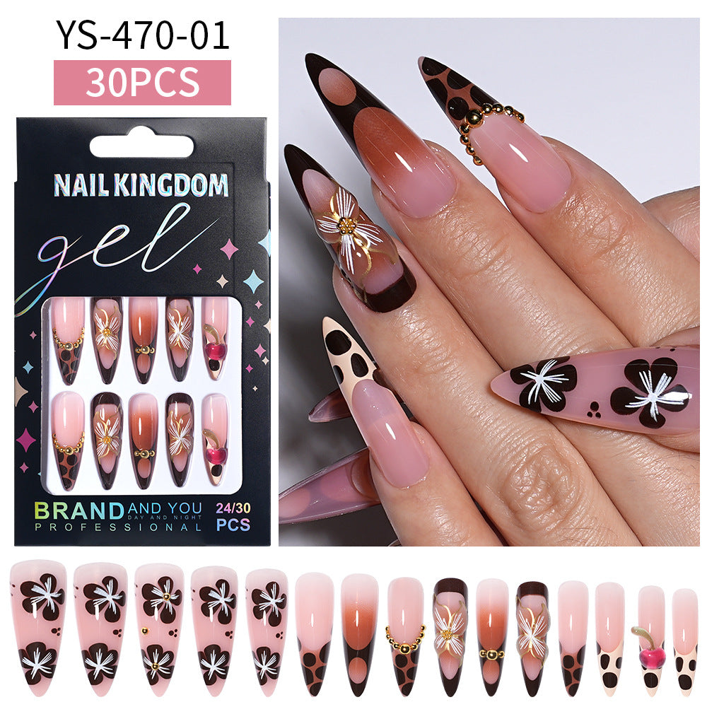Hot-selling  press on nails sweet and cool flower leopard print removable almond-shaped long finished fake nail wholesale