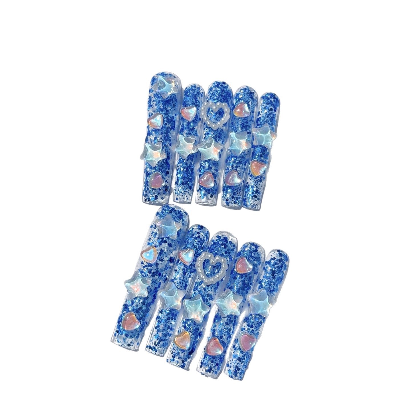 Ocean Blue Crystal Star Heart Glitter Press On Nails