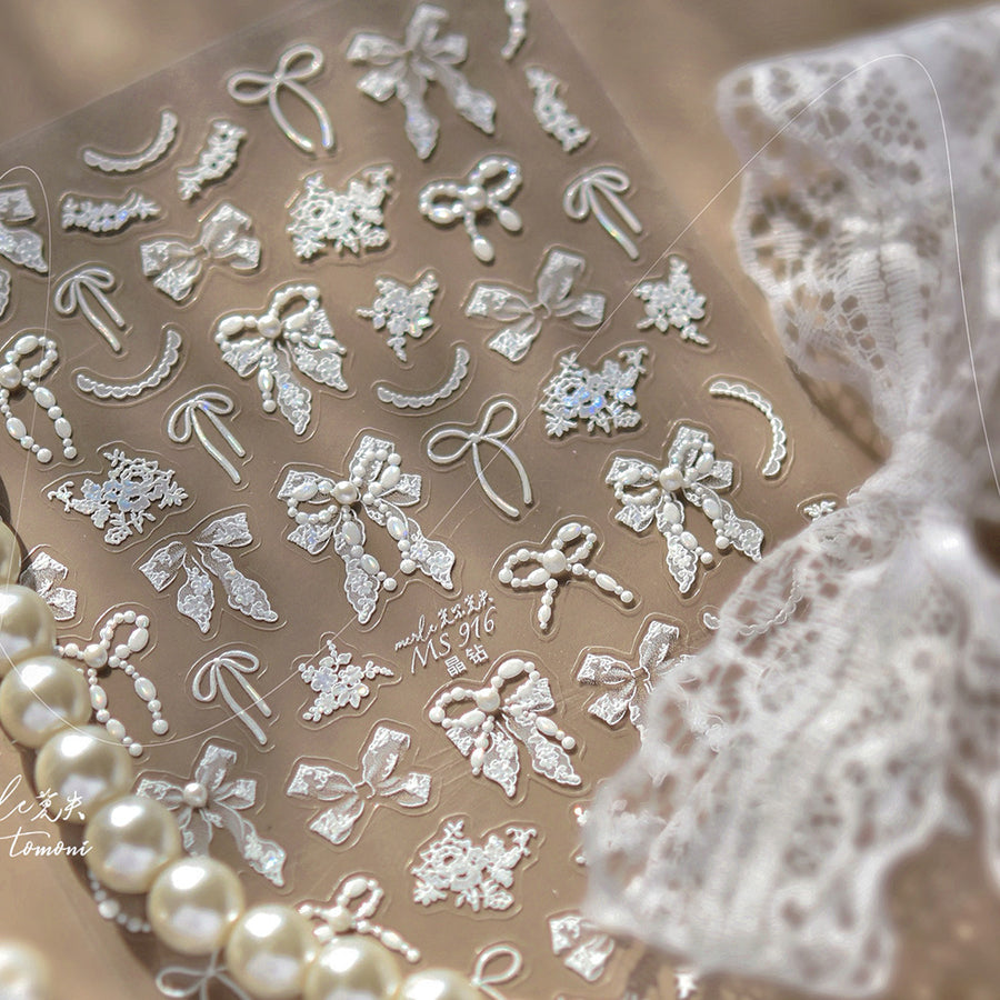 White Lace Bow Nail Stickers – Holographic Rhinestone Embossed Set