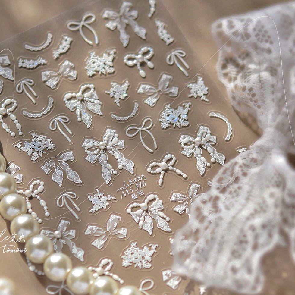 White Lace Bow Nail Stickers – Holographic Rhinestone Embossed Set