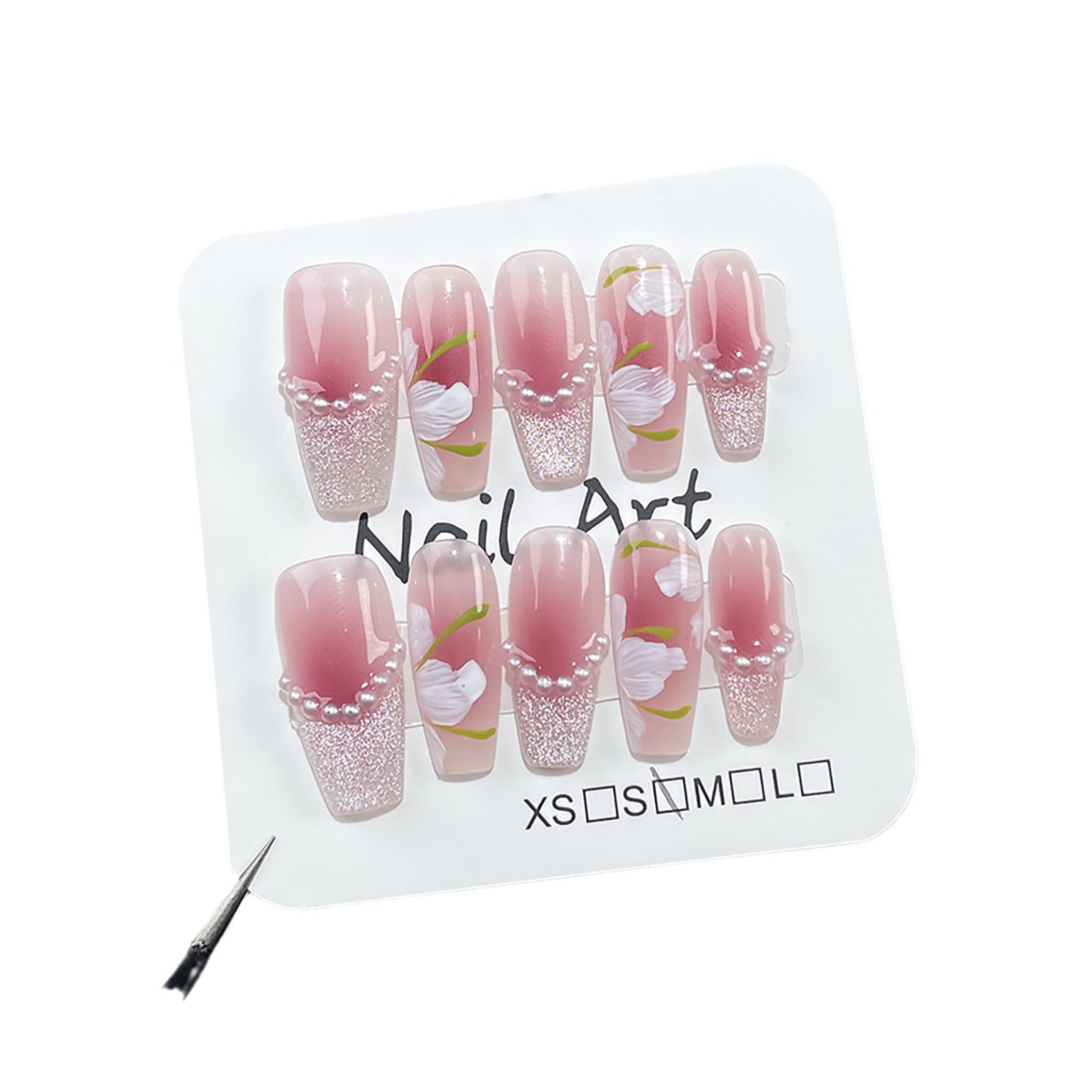 Airbrushed Blush French Nails with Crystal Cat-Eye Florals