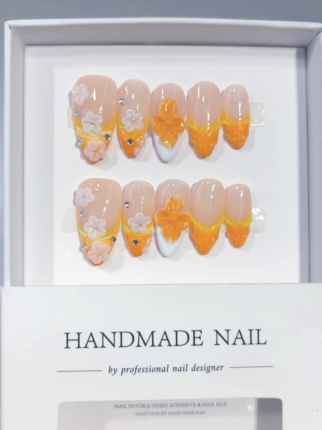 Autumn Bloom: "Orange Floral Glow" – Almond Shape Handmade Press-Ons