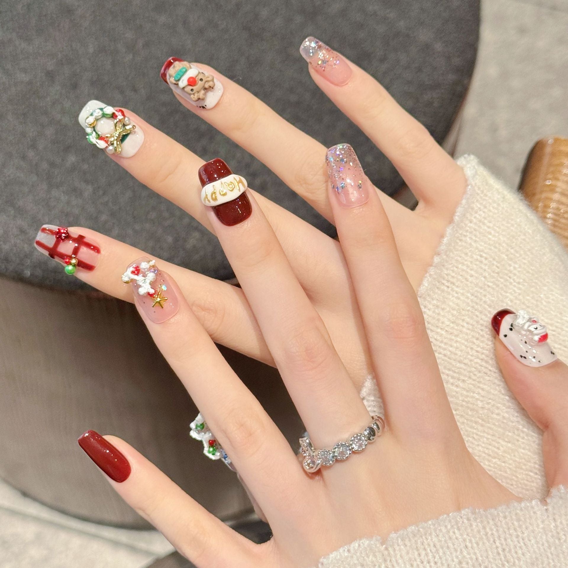 Festive Red Reindeer Santa Holiday Nails