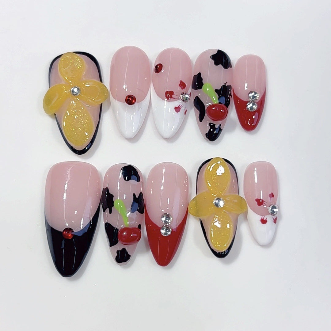 Fruit Cocktail: "Cherry Cow Flower" – Almond Shape Handmade Press-On Nails