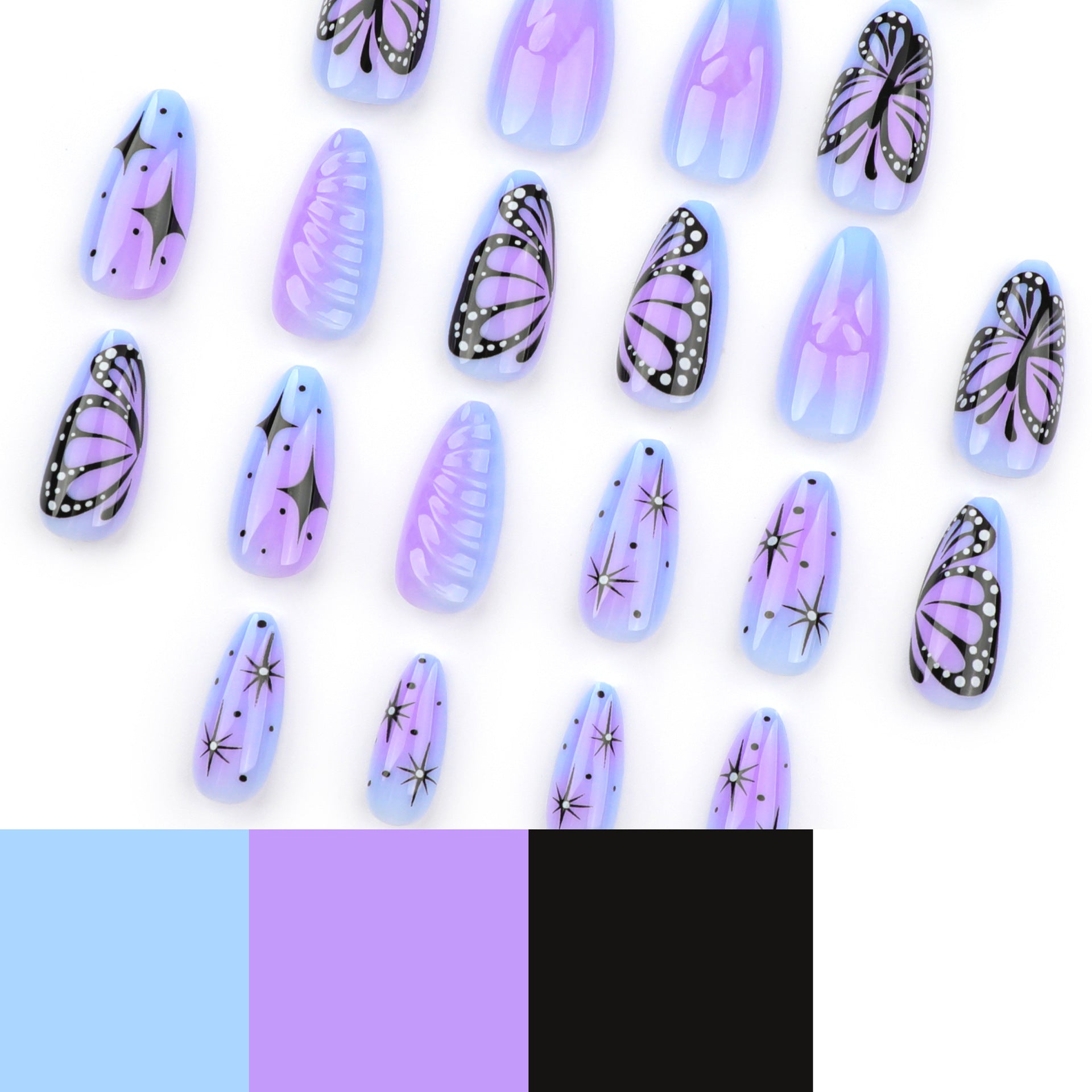 紫色暈染3D愛心 短款杏仁形穿戴甲 蝴蝶星星指甲片｜365nails