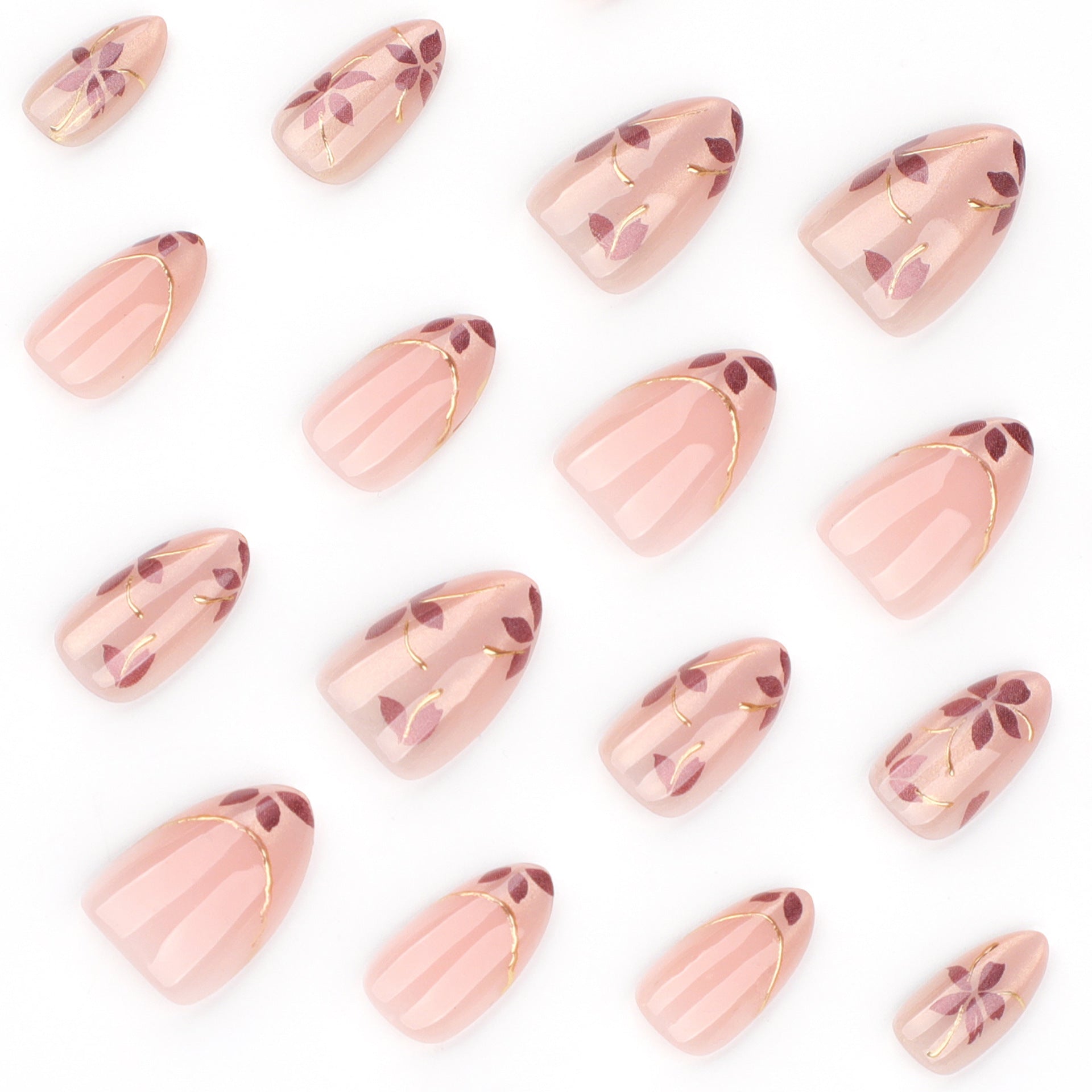 365nails: "Rose Gold Floral Almond" – Nude Press-on Nails with Gold Accents