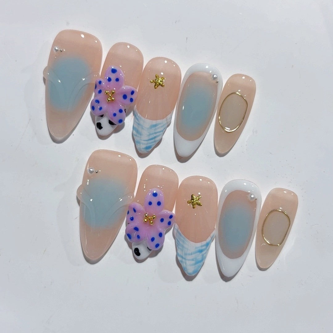 365nails-Beach Breeze：「海洋花卉」— 杏仁形 手工製 3D 雕刻 穿戴甲