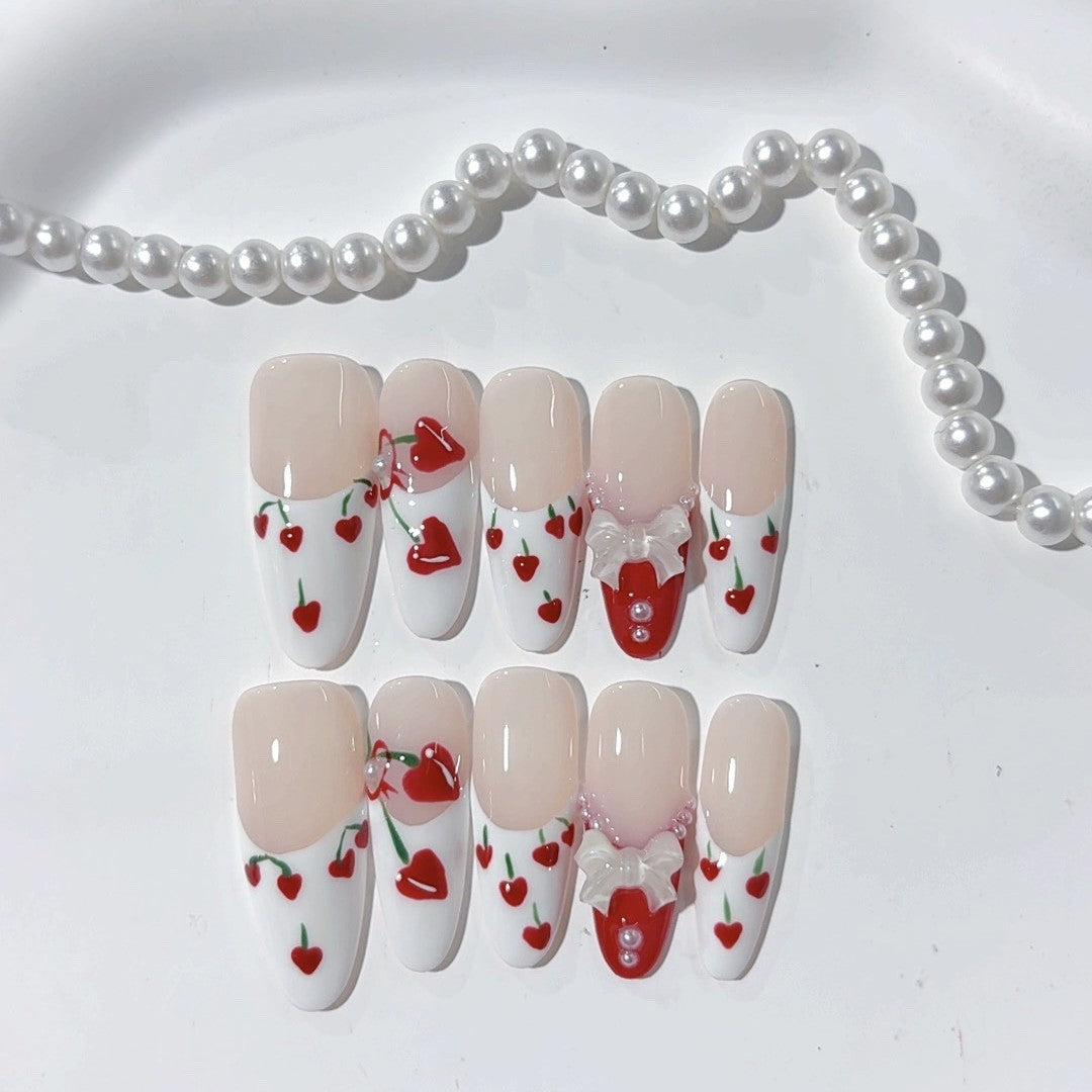 365nails-Cherry Sweet: "Cherry Bow" – Square Handmade 3D Carved Press-On Nails