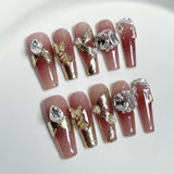 Handmade Press-on Nails New Year Blush Ribbon Nail Art Patch Pile Diamond Ice Through Autumn and Winter Fake Nail Wholesale｜365nails
