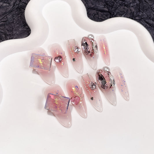 Handmade Press-on Nails Light Luxury Stack Diamond Airbrush Blush Advanced Phototherapy Nail Wearable Nail Sticker Handmade Nail Patch｜365nails
