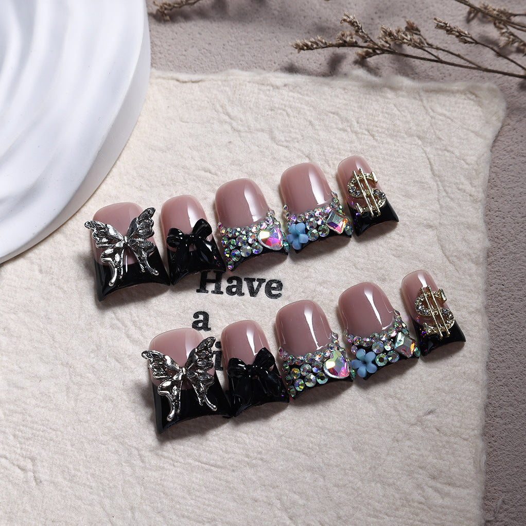 Black Butterfly Crystal French Press On Nails