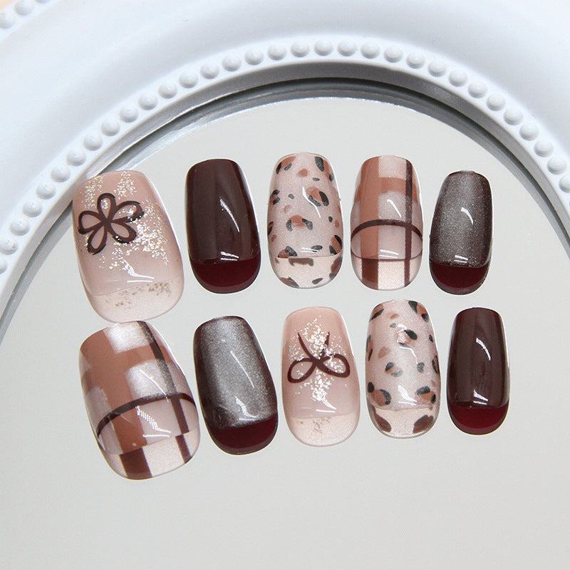 Nail Tips  prefabricated nail retro plaid leopard print fine flash flower bow cat eye  nail patch points｜365nails