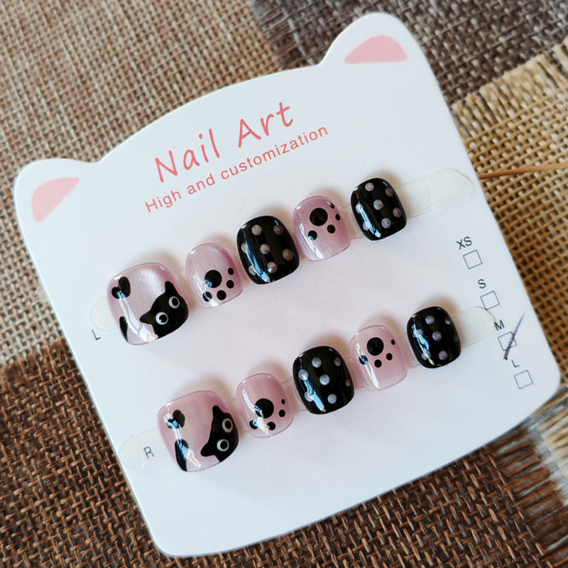 365nails: "polka dot playful kitty" – short round handmade kids press-on nails