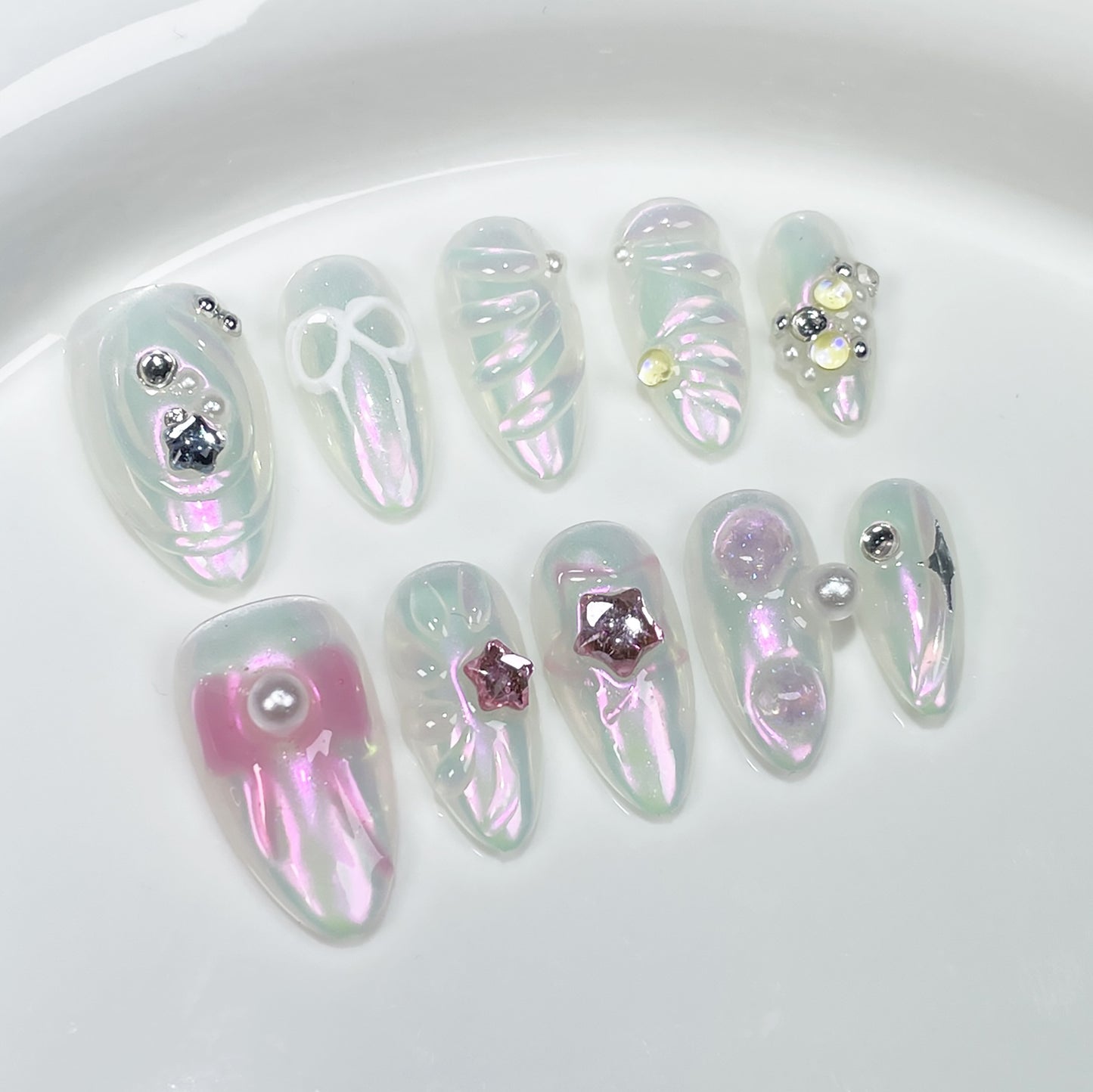 Sweet and cute Handmade press on nails hand-painted bow irregular shape nail patch  almond nail wholesale｜365nails