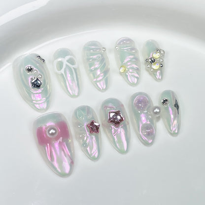 Sweet and cute Handmade press on nails hand-painted bow irregular shape nail patch  almond nail wholesale｜365nails