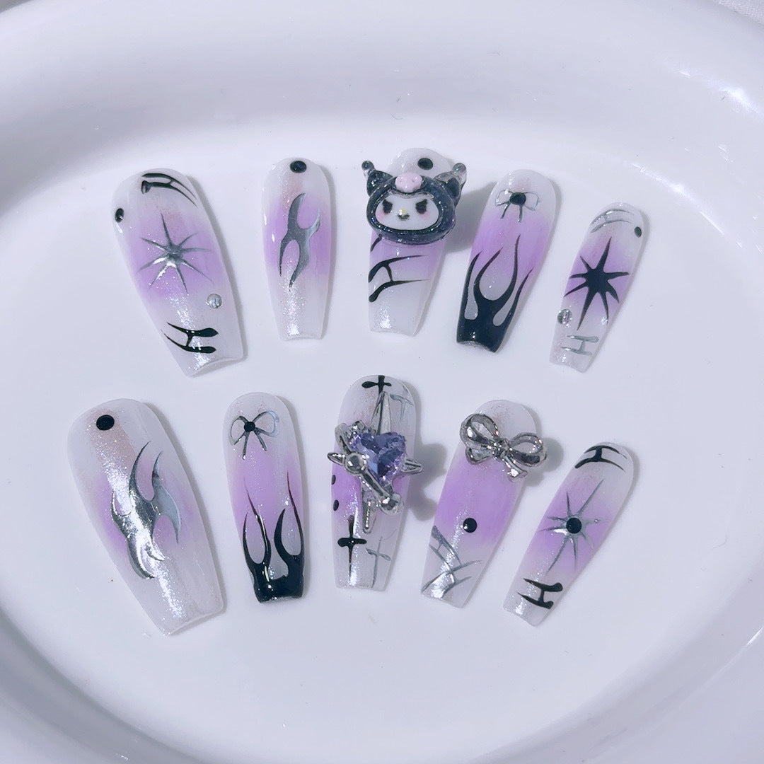 Y2K Press-On Nails with Purple Flames and Cute Kuromi Charm