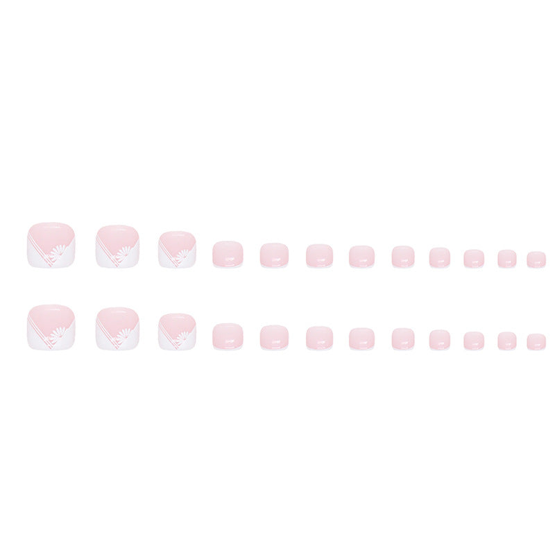 Unhas postiças francesas simples de margarida branca, unhas postiças pequenas para meninas, manicure especial para unhas postiças｜365nails