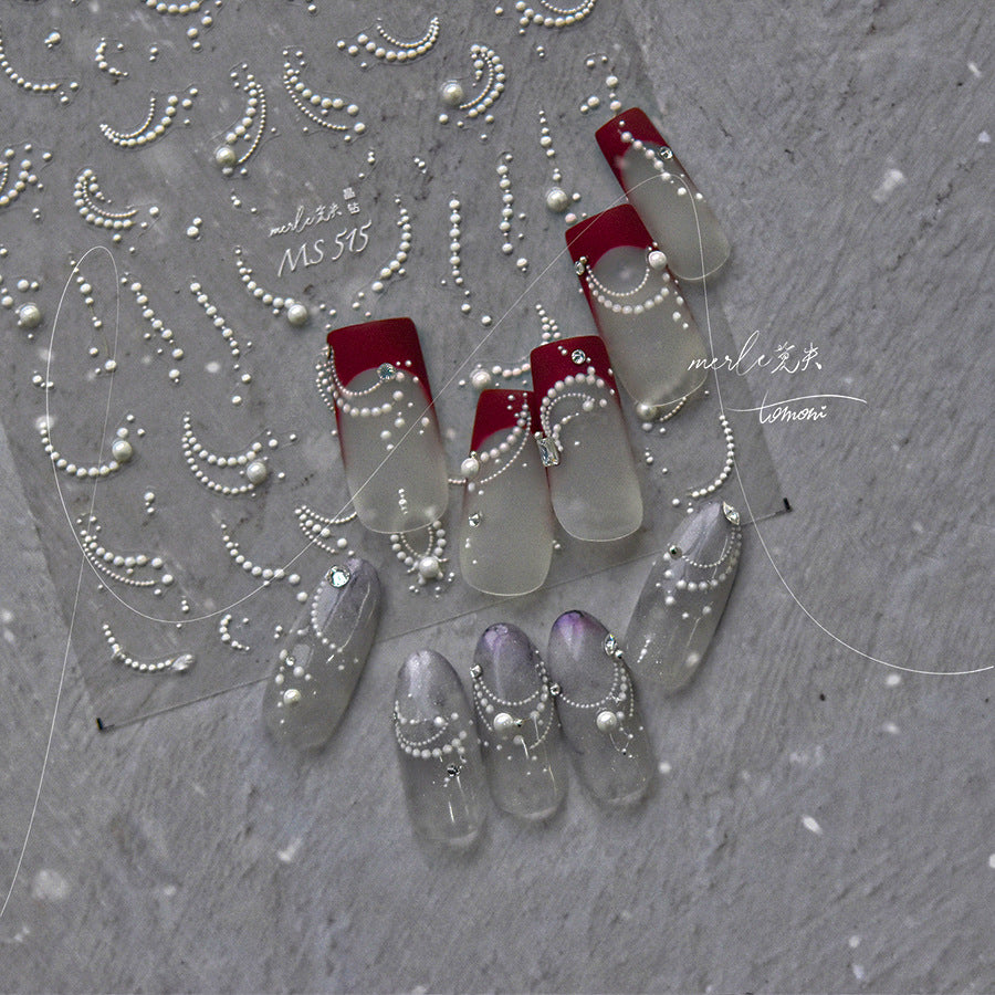Pearl Chain Nail Stickers – 3D Embossed Bridal & Vintage Set